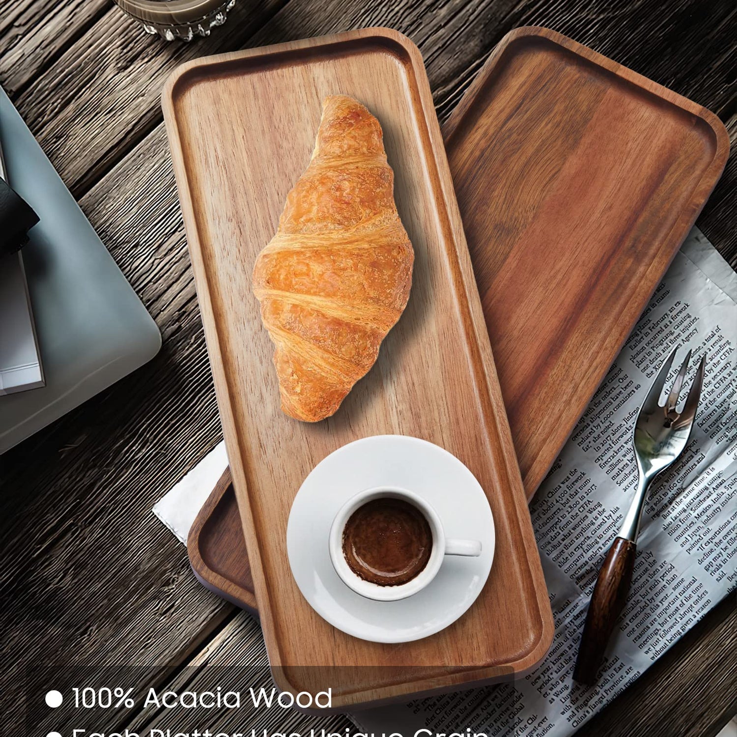 HOMKULA Solid Acacia Wood Serving Tray - 6 Pack, 14" x 5.5" Rectangular Wooden Serving Platter, Wood Boards for Food, Mini Cheese Board for HOMKULA