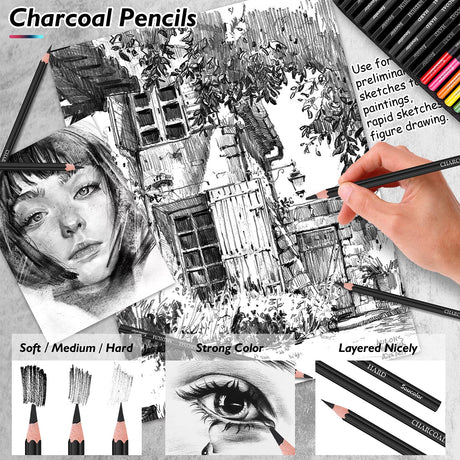 Soucolor 73 Art Supplies for Adults Kids, Art Kit Drawing Supplies Sketching Pencils Coloring Set with Sketchbook, Coloring Book, Charcoal Metallic Soucolor