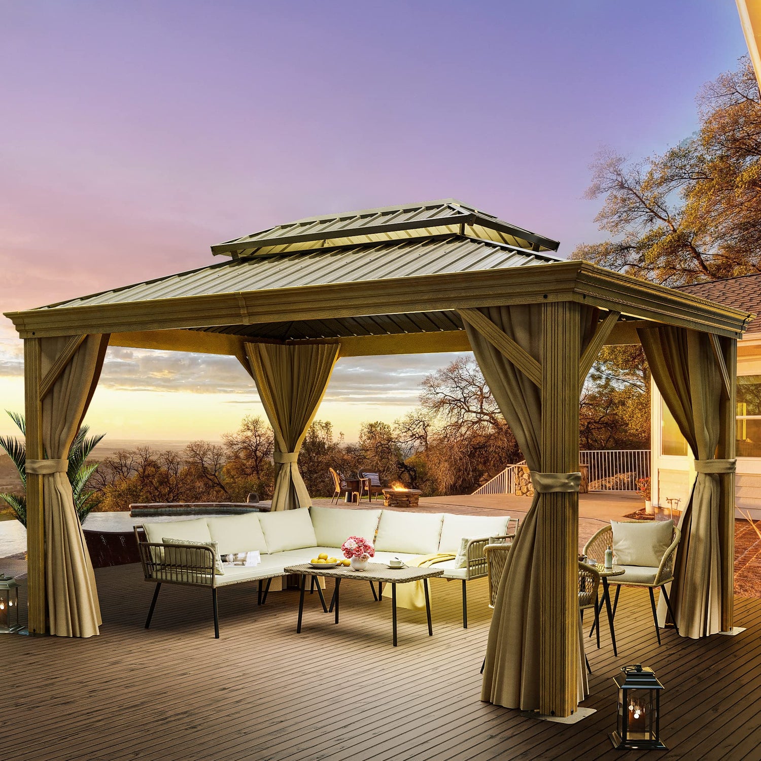 YITAHOME 10x12ft Hardtop Gazebo with Nettings and Curtains, Wood Grain Heavy Duty Double Roof Galvanized Steel Outdoor Combined of Vertical Stripes YITAHOME