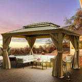 YITAHOME 10x12ft Hardtop Gazebo with Nettings and Curtains, Wood Grain Heavy Duty Double Roof Galvanized Steel Outdoor Combined of Vertical Stripes YITAHOME