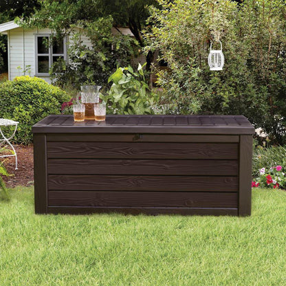 Keter Westwood 150 Gallon Plastic Backyard Outdoor Storage Deck Box for Patio Decor, Furniture Cushions, Garden Tools, & Pool Accessories, Espresso