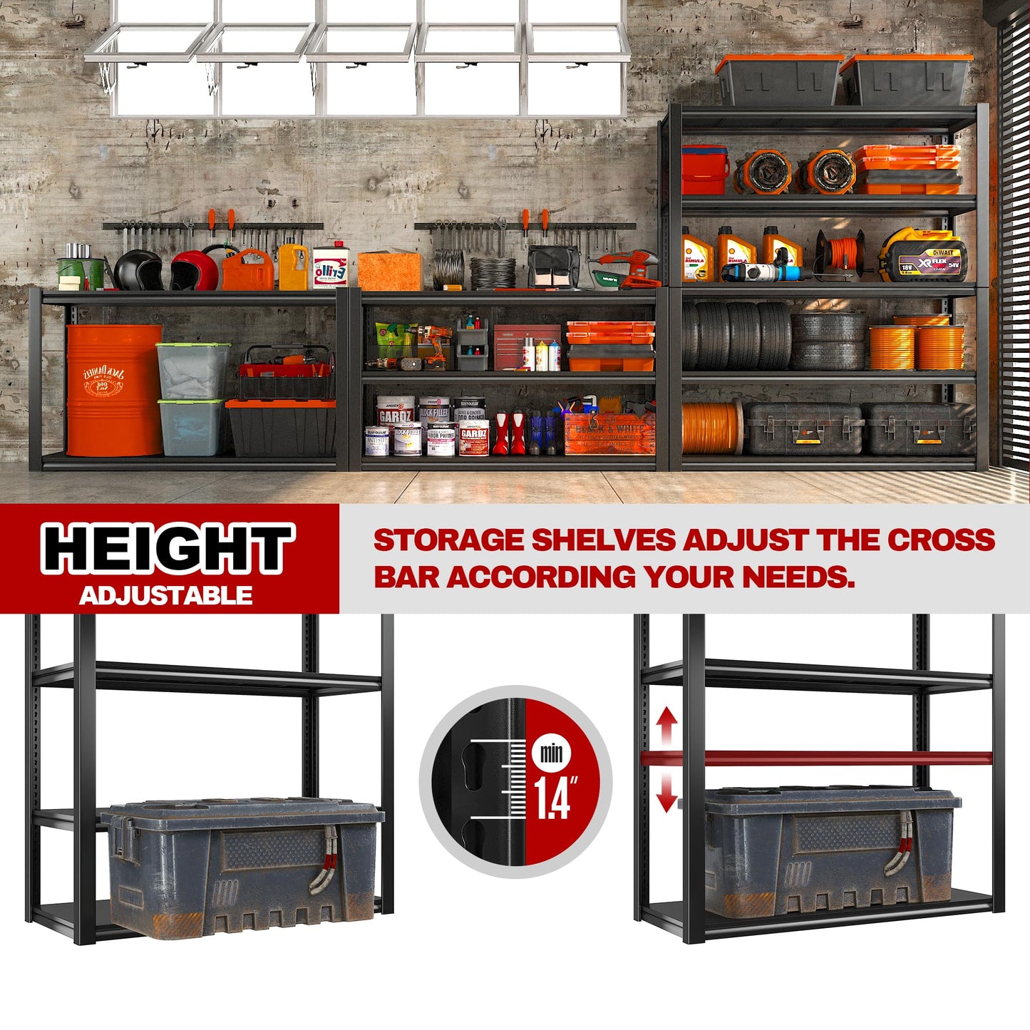 REIBII 48''W Garage Shelving 2500LBS Heavy Duty Storage Shelves 72''H Heavy Duty Metal Shelving Adjustable 5 Tier Metal Shelves for Storage Rack - WoodArtSupply