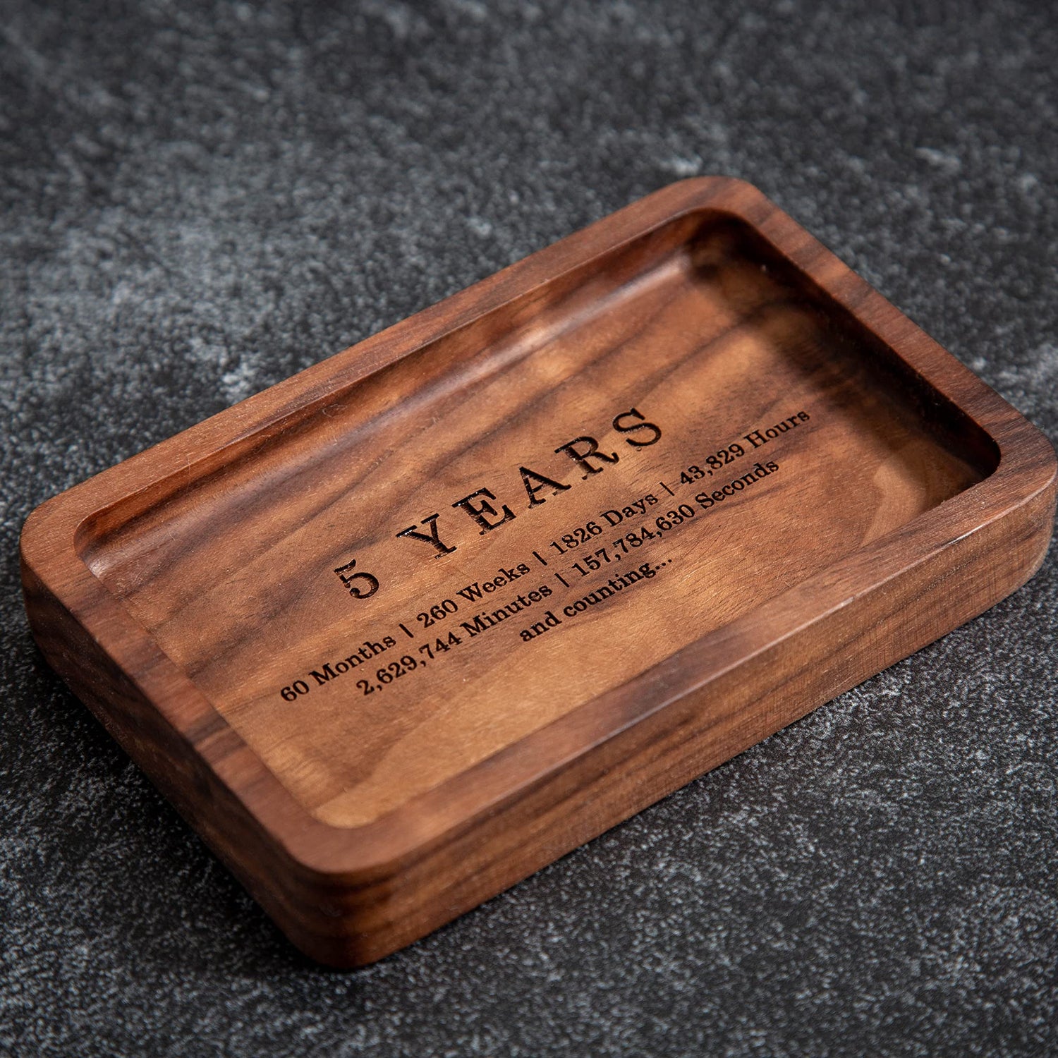 MUUJEE Ring Dish - Engraved Rectangle Wood Tray Small Jewelry Dish 5 Year Wedding Anniv Gifts Ideas - 5.5" x 3.5" (5 Years) MUUJEE