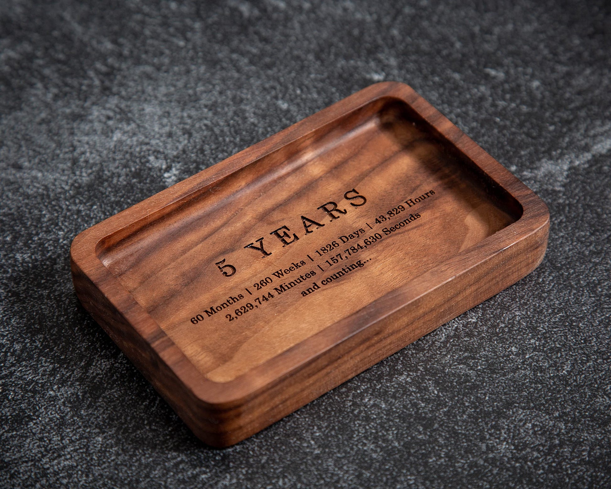 MUUJEE Ring Dish - Engraved Rectangle Wood Tray Small Jewelry Dish 5 Year Wedding Anniv Gifts Ideas - 5.5" x 3.5" (5 Years) - WoodArtSupply