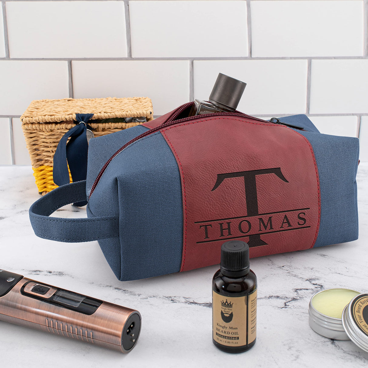 Toiletry Bag for Men Personalized, Laser Engraved Initial & Name on Leather, Custom 4 Canvas Colors - Gift for Husband, Dad, Boy Friend, Handcrafted GIFTBYGIFTY