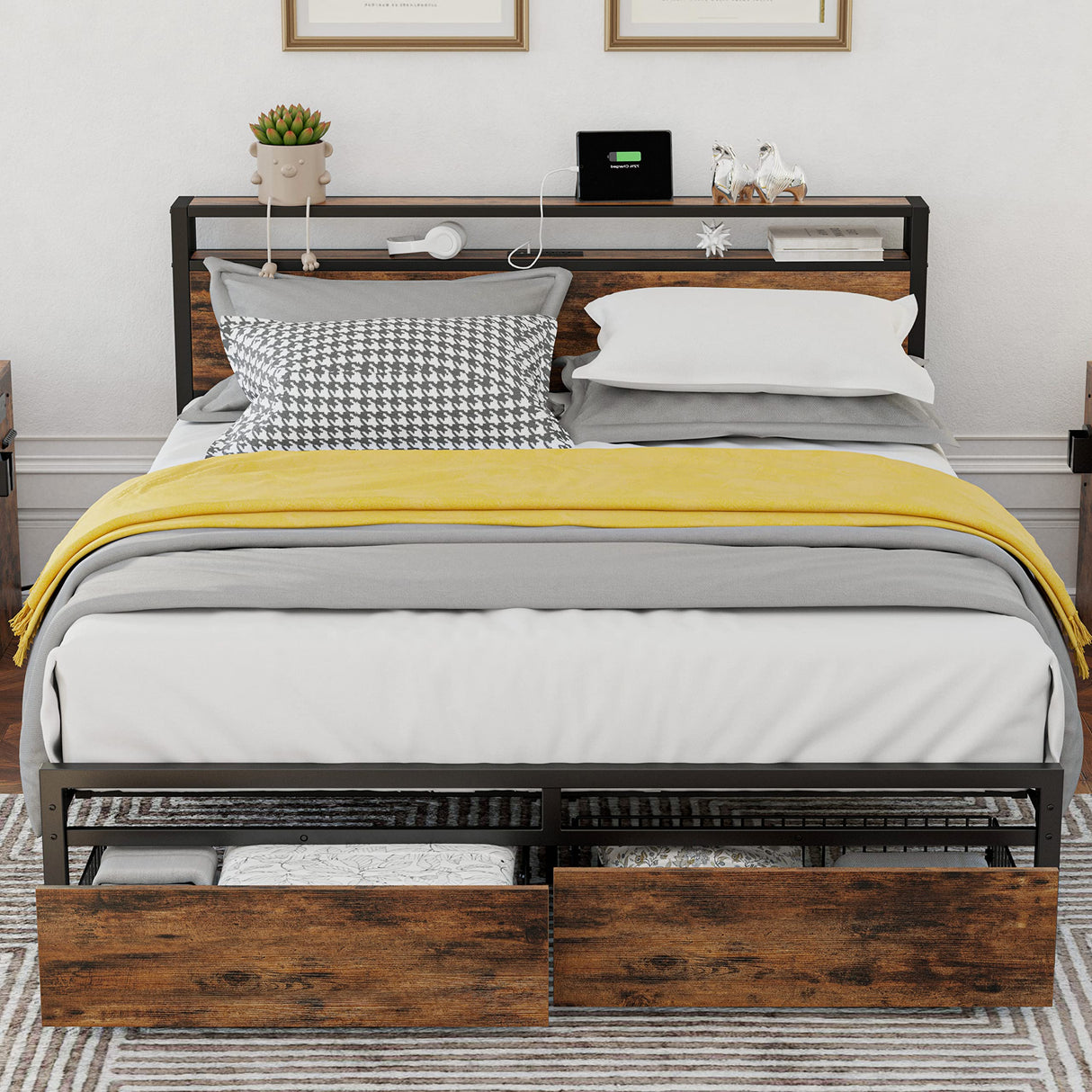 Stylish LIKIMIO Queen Bed Frame with Storage Headboard, Drawers, and Charging Station in Vintage Brown LIKIMIO