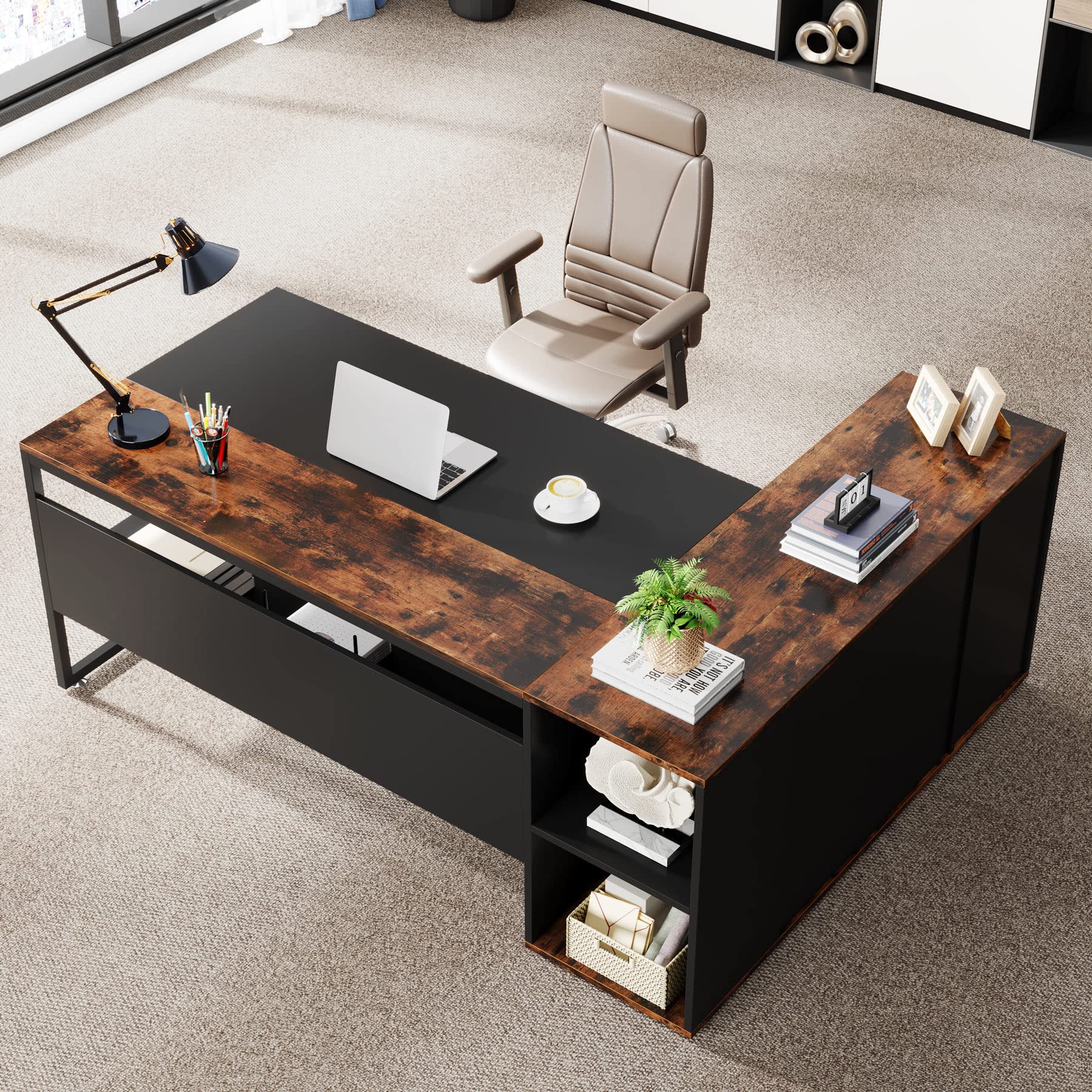 Tribesigns 71 inch Executive Desk, L Shaped Desk with Cabinet Storage, Executive Office Desk with Shelves, Business Furniture Desk Workstation for - WoodArtSupply