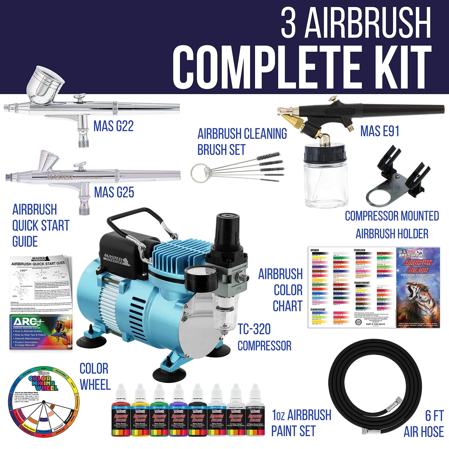 Master Airbrush Cool Runner II Dual Fan Air Compressor Professional Airbrushing System Kit with 3 Airbrushes, Gravity and Siphon Feed - 6 Primary Master Airbrush