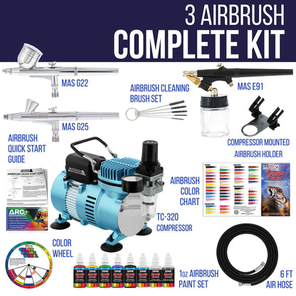 Master Airbrush Cool Runner II Dual Fan Air Compressor Professional Airbrushing System Kit with 3 Airbrushes, Gravity and Siphon Feed - 6 Primary - WoodArtSupply