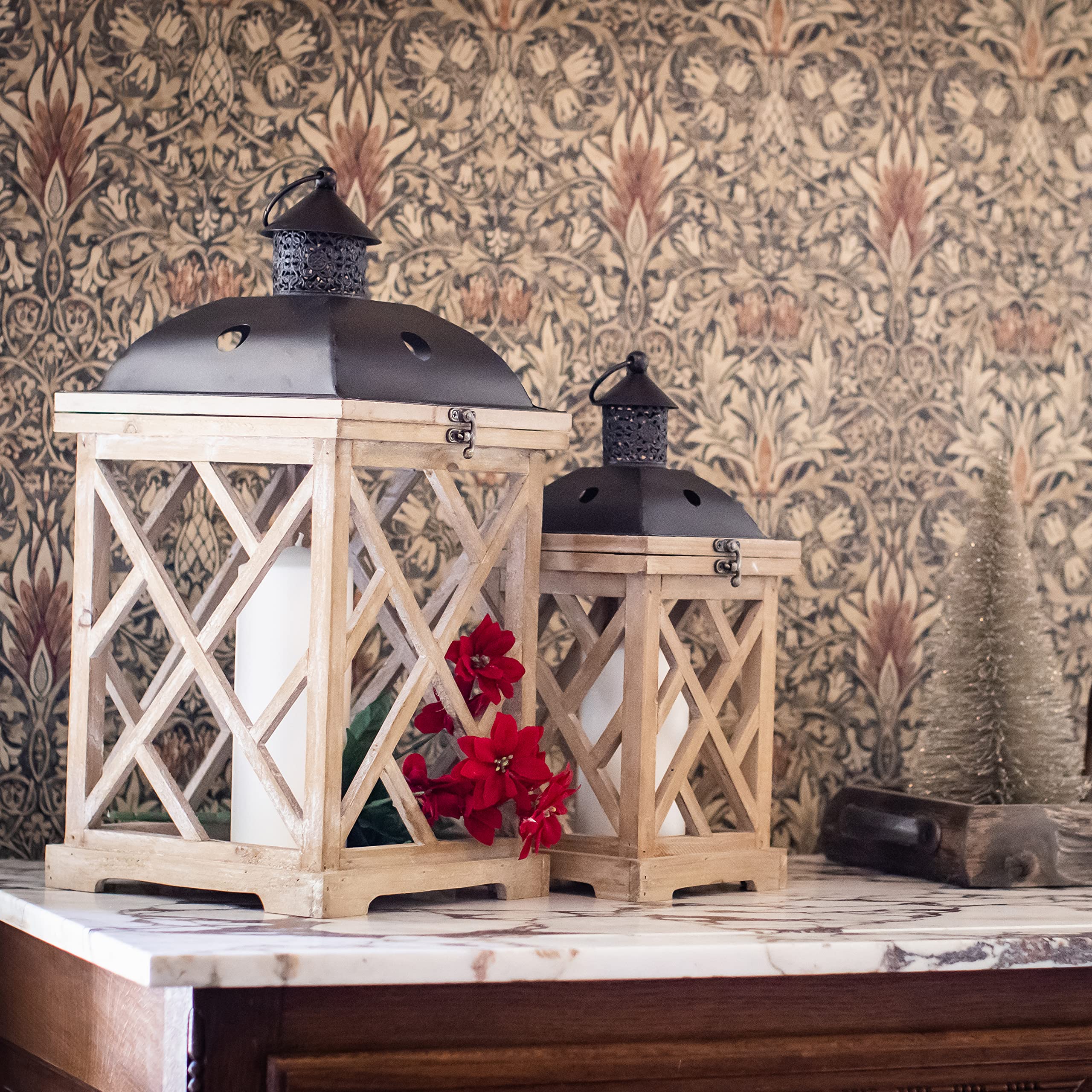 Stonebriar Decorative Wooden Hurricane Candle Lantern Set - Thumbnail 5