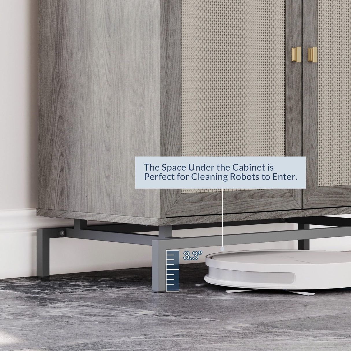 BELLEZE Sideboard Buffet Cabinet Set of 2, Storage Cabinet with Rattan Doors, Buffet Table with Metal Base and Adjustable Shelves Accent Cabinet BELLEZE