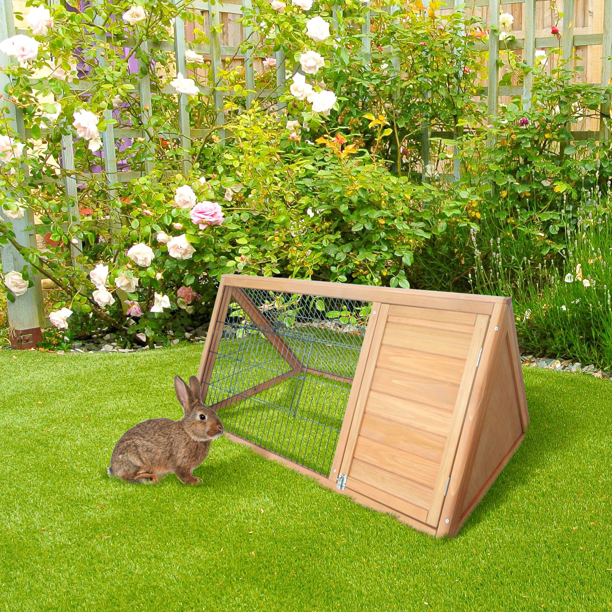 PawHut Outdoor Triangular Wooden Bunny Rabbit Hutch/Guinea Pig House with Run - WoodArtSupply