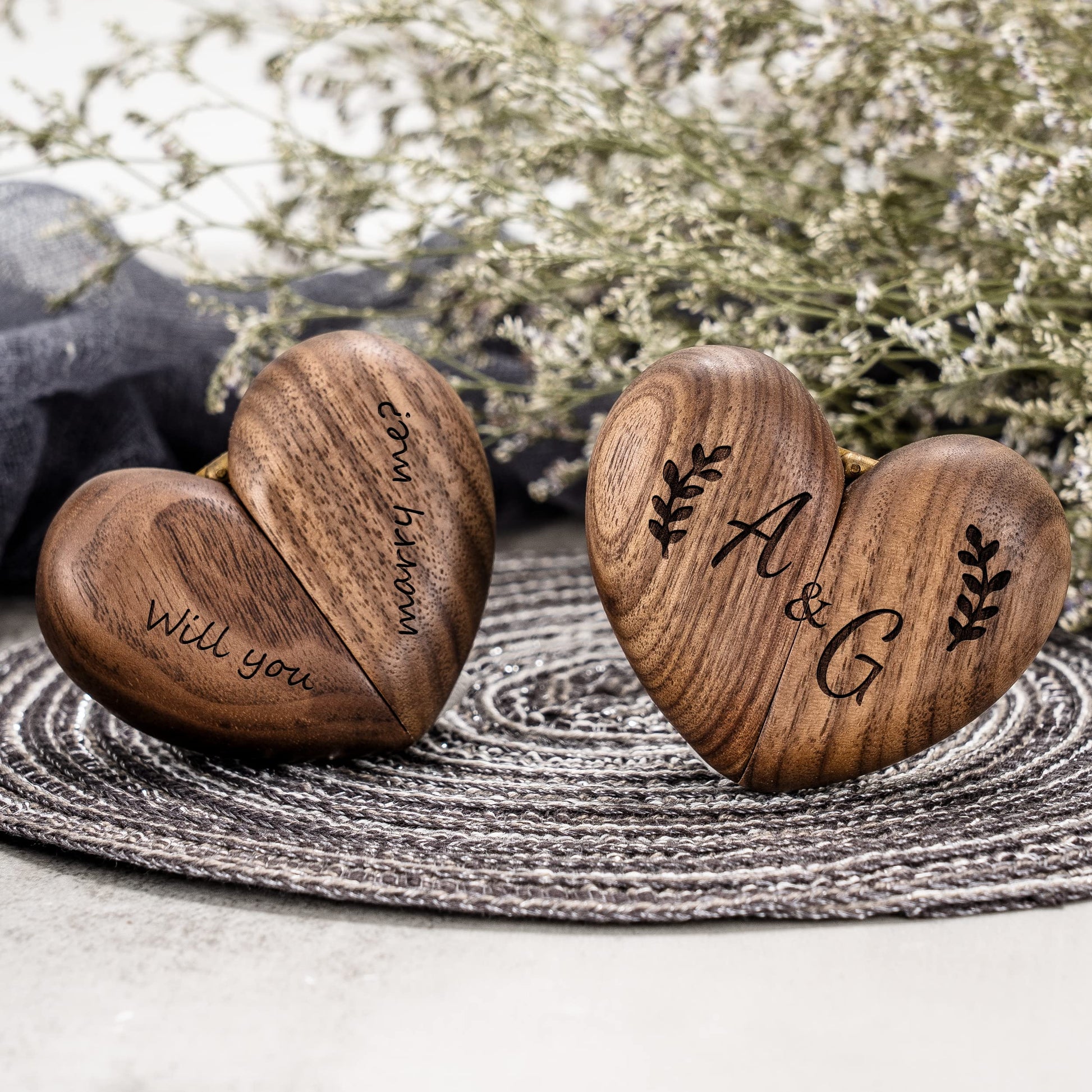 KEMEILA Custom Wooden Ring Box, Heart Shaped Engagement Ring Box, Walnut Ring Box Solid Wood Ring Box Jewelry Box Gift For Proposal Engagement - WoodArtSupply