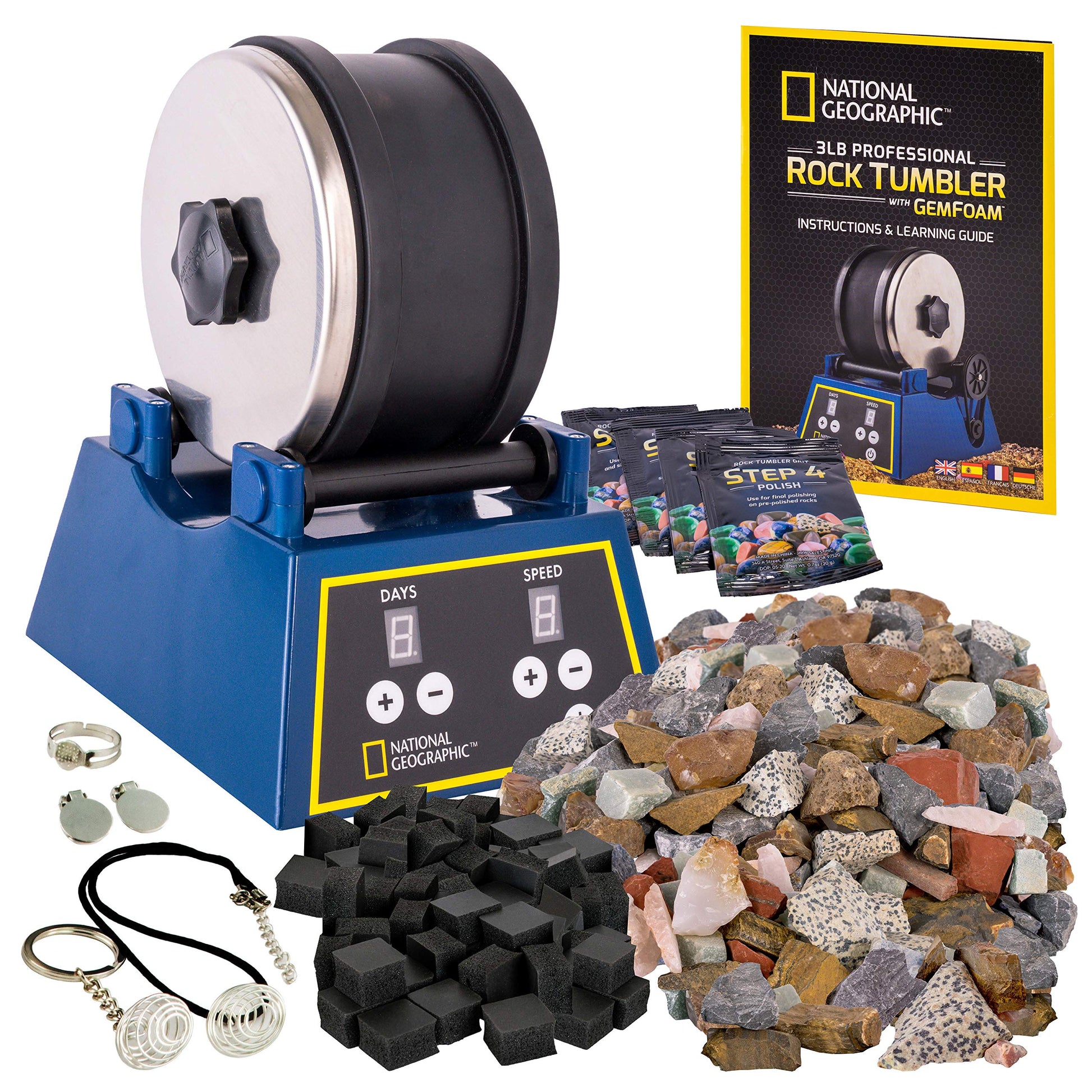 NATIONAL GEOGRAPHIC Rock Tumbler Kit - 3 Lb. Extra Large Capacity Barrel with 3-Speed Motor & 9-Day Timer, Kit Includes Rocks for Tumbling and Rock - WoodArtSupply