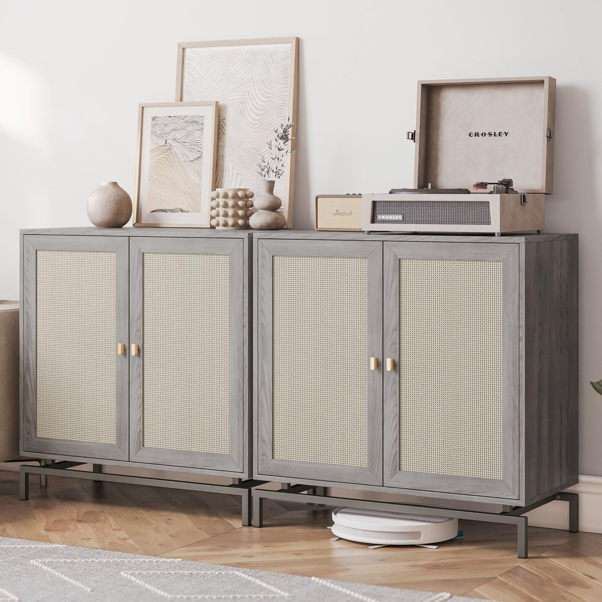 BELLEZE Sideboard Buffet Cabinet Set of 2, Storage Cabinet with Rattan Doors, Buffet Table with Metal Base and Adjustable Shelves Accent Cabinet BELLEZE