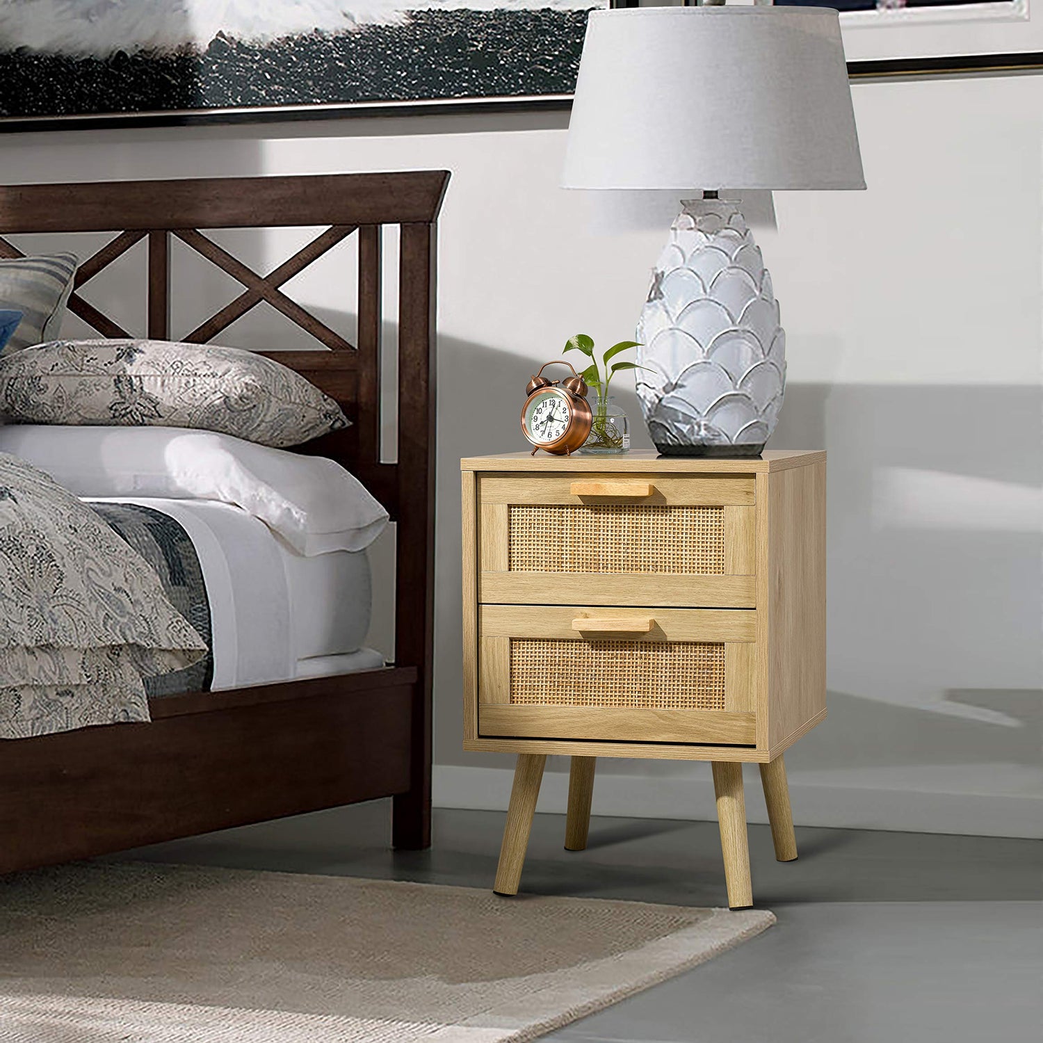 Finnhomy Nightstand, End Table, Side Table with 2 Hand Made Rattan Decorated Drawers, Nightstands Set of 2, Wood Accent Table with Storage for Finnhomy