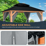 HAPPATIO 11' × 13' Wood Gazebo, Outdoor Hardtop Gazebo with Mosquito Netting and Curtains, Double Metal Roof Patio Gazebo Hard Top Gazebo for Garden, HAPPATIO