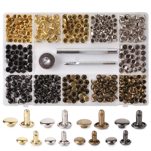 UNCO- Leather Rivets Kit, 4 Colors, 2 Sizes, 240 pcs, Tubular Metal Studs with Fixing Tools, Double Cap Rivets, Rivets for Leather, Rivets for - WoodArtSupply