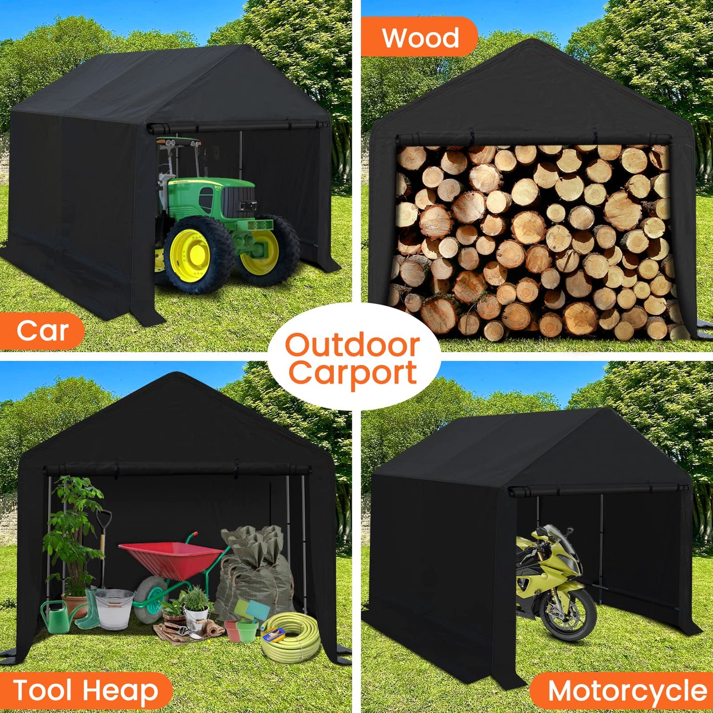 Outdoor 6x8 ft Storage Shed, Canopy Carport Heavy Duty Metal Frame Shelter Tent with Waterproof, UV Resistant Cover, 2 Rollup Zipper Doors for