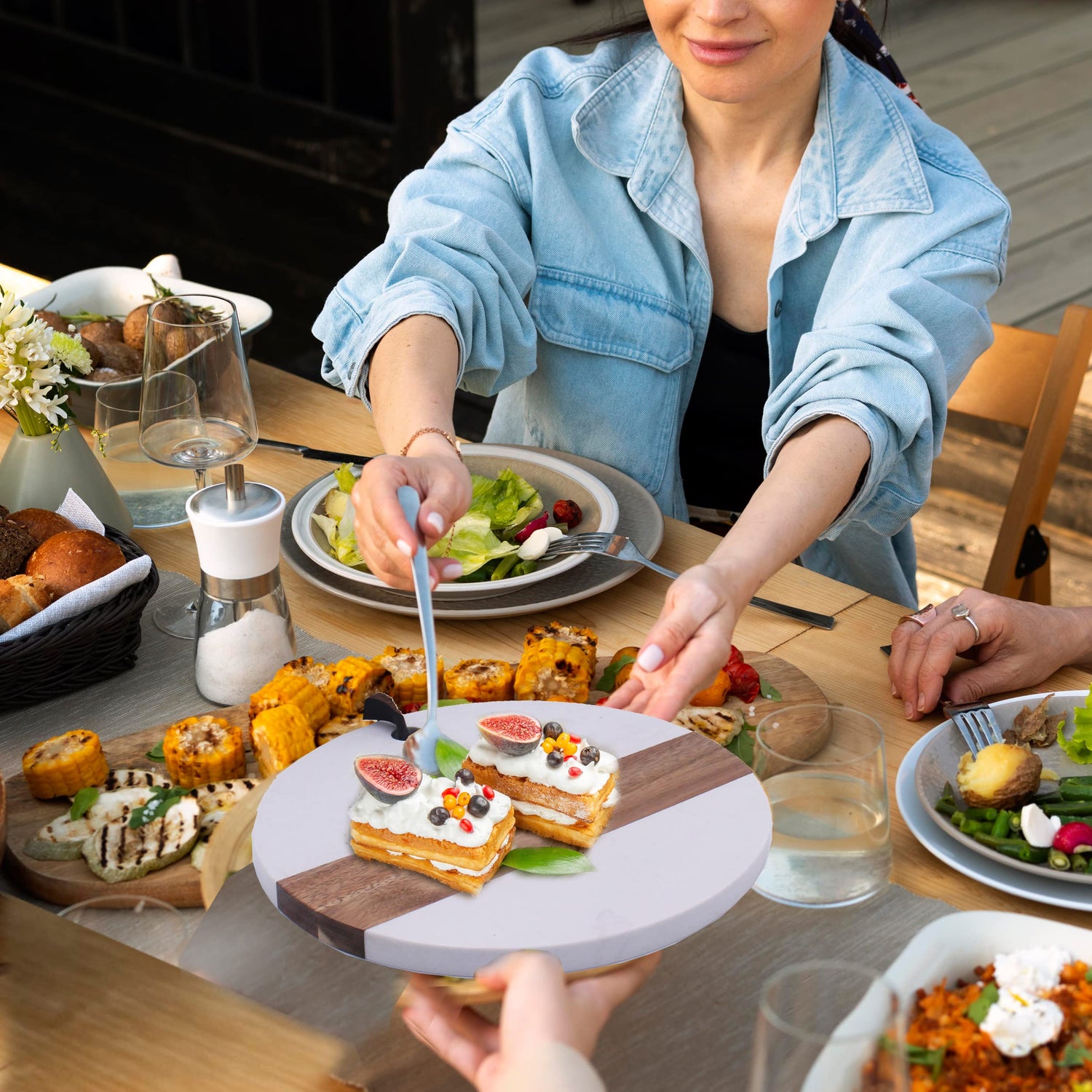 The Wedding Party Store Custom Personalized Round Marble and Acacia Meat, Cheese, Charcuterie Serving Board Platter with Leather Hanging Strap The Wedding Party Store