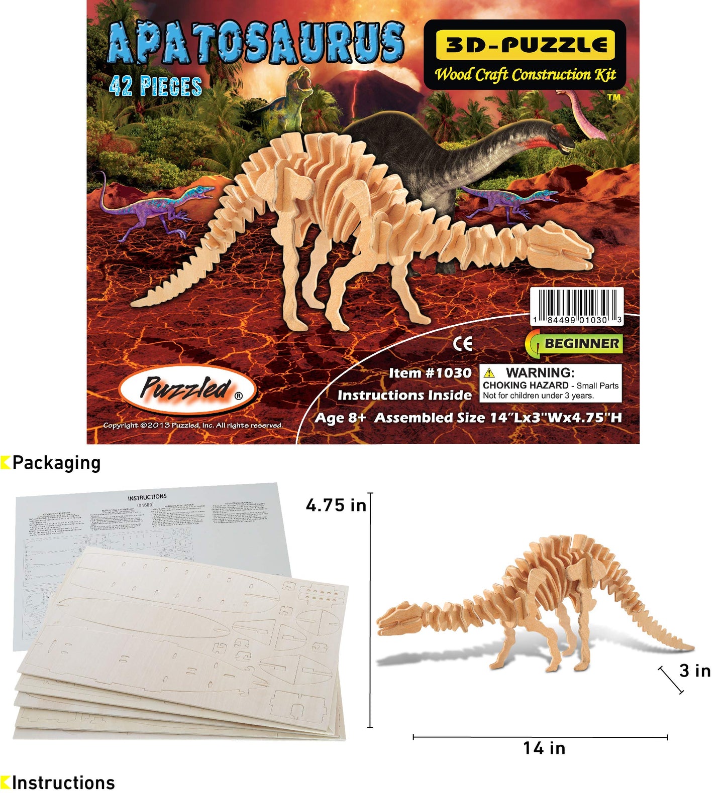 Puzzled 3D Puzzle Apatosaurus Dinosaur Wood Craft Construction Model Kit, Fun Unique & Educational DIY Wooden Toy Assemble Unfinished Crafting Hobby
