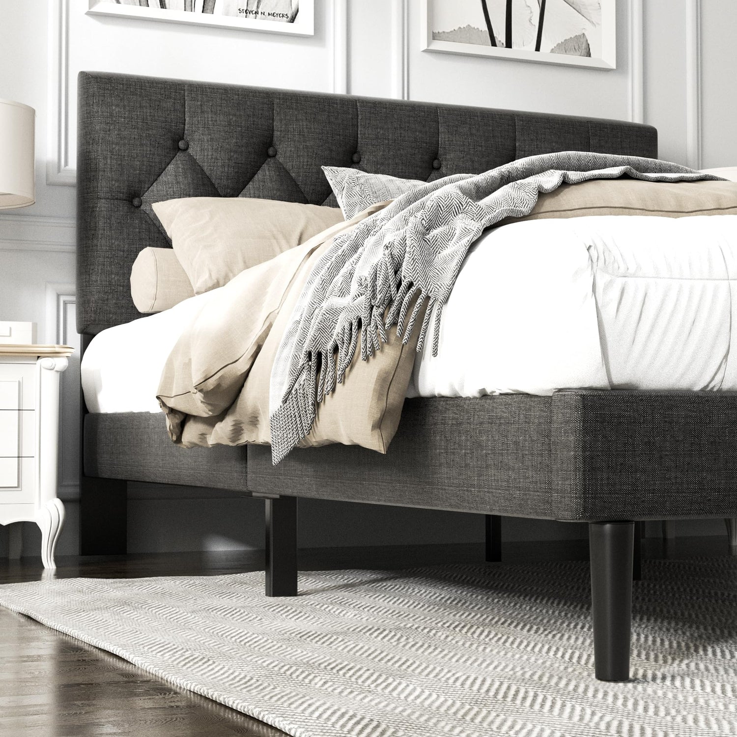 HAOARA Dark Gray Queen Size Platform Bed Frame with Upholstered Button Tufted Headboard HAOARA