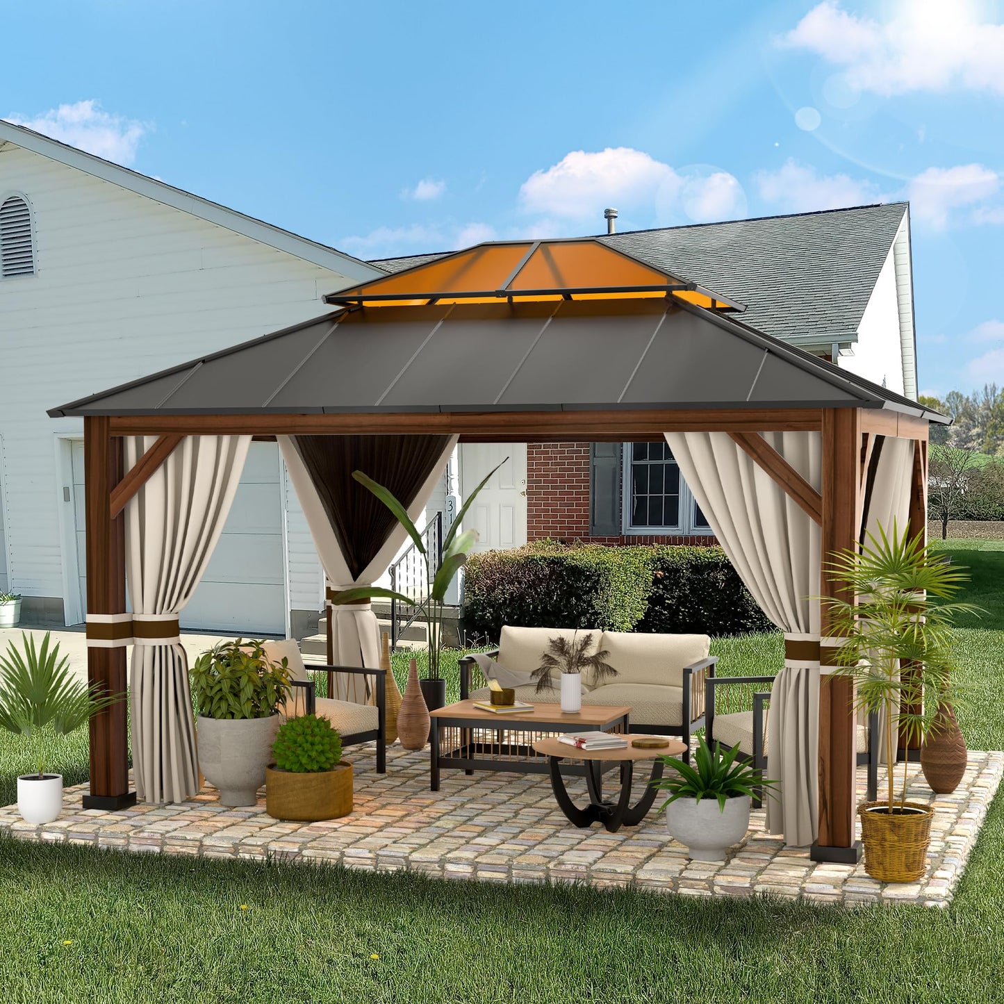 OLILAWN Gazebo 12x14, Hardtop Gazebo with Wood Finish Aluminum Frame, Galvanized Steel Double Top Gazebo with Ventilation, All-Weather Metal Gazebo - WoodArtSupply