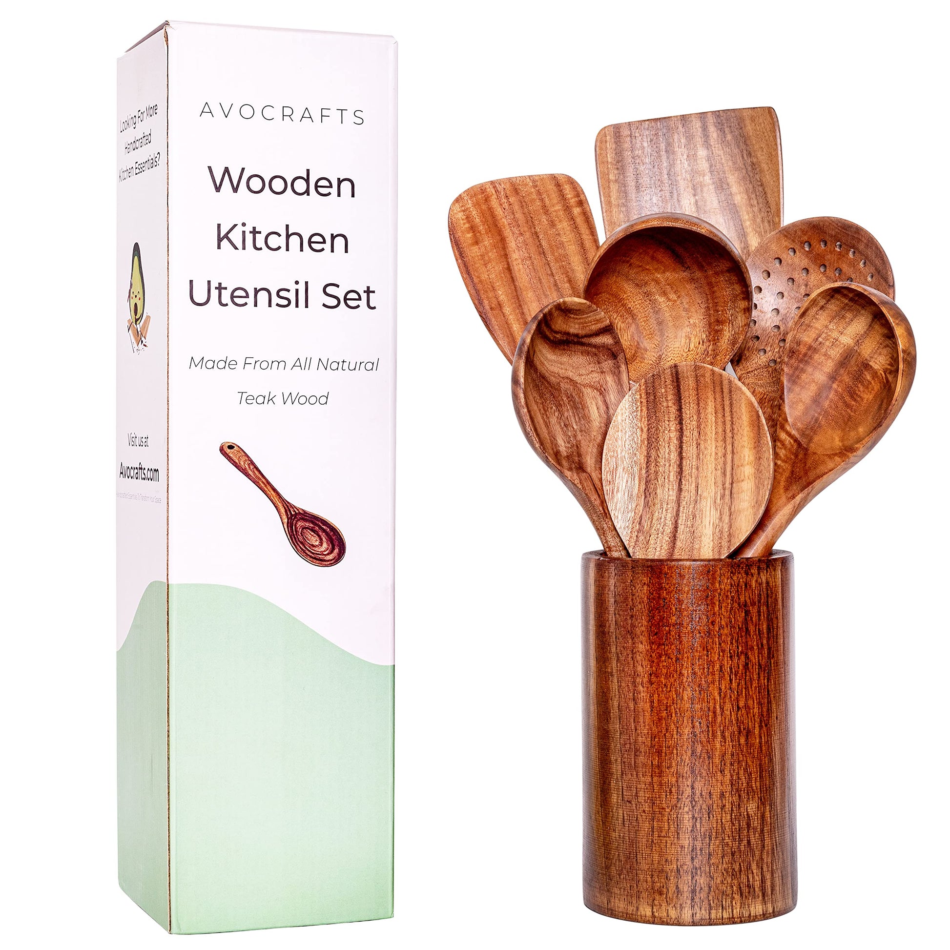 Avocrafts Kitchen Utensil Set for Cooking, Wooden Cooking Spoons and Spatulas, Set of 7 (Add Holder) - WoodArtSupply