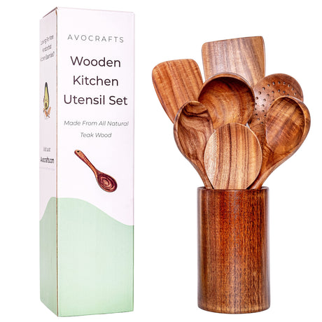 Avocrafts Kitchen Utensil Set for Cooking, Wooden Cooking Spoons and Spatulas, Set of 7 (Add Holder) Avocrafts
