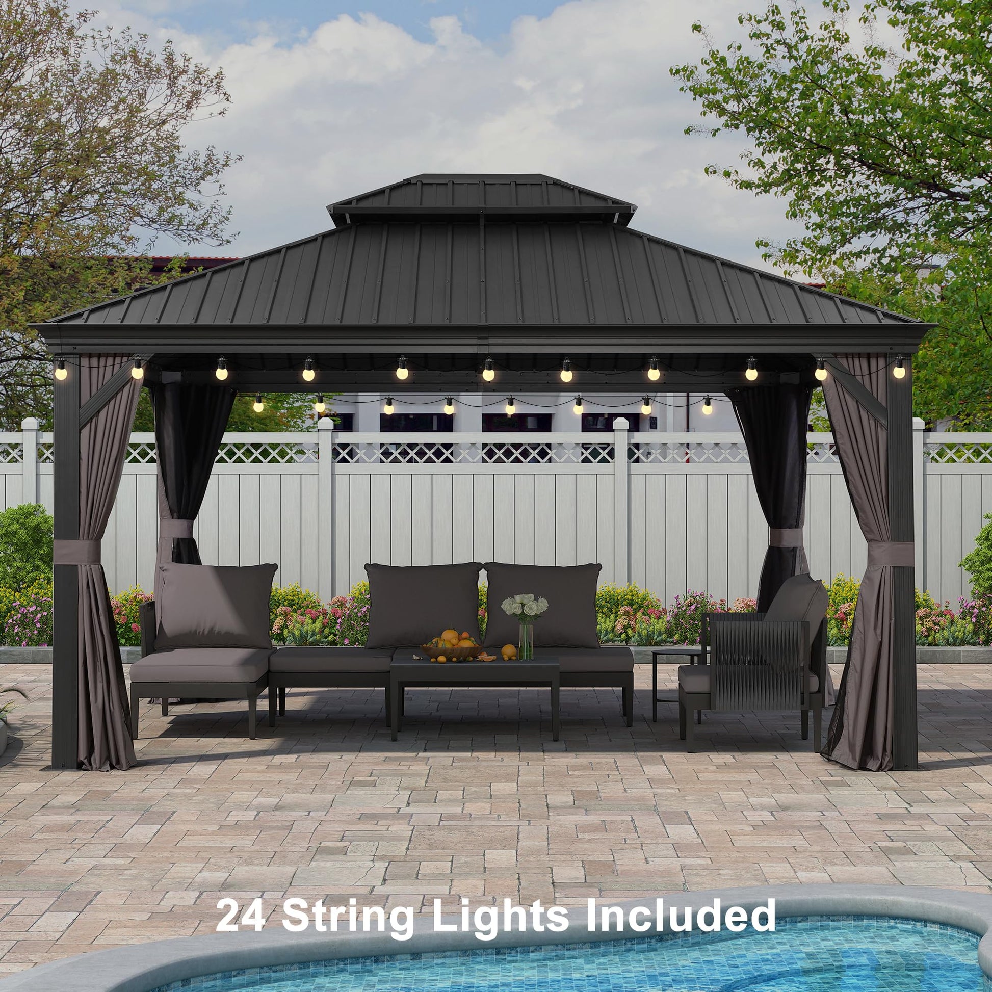 PURPLE LEAF 12' X 14' Patio Gazebo with Light Permanent Hardtop Gazebo with Metal Roof for Outdoor Lawn and Garden Grey - WoodArtSupply