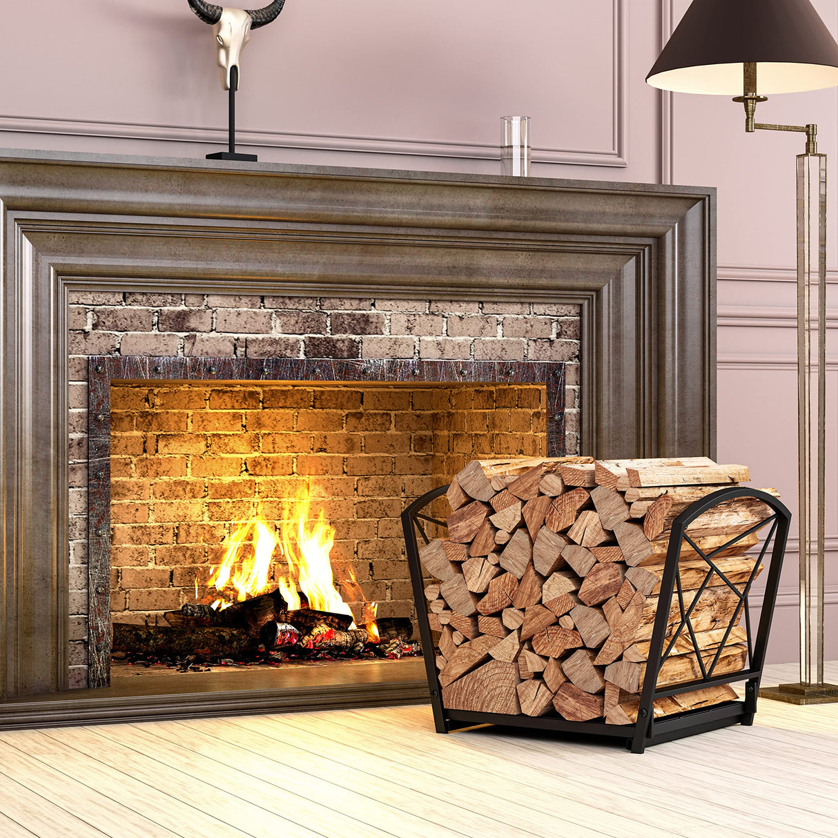 Fire Beauty Firewood Log Rack, Iron Wood Lumber Storage Holder for Fireplace, Heavy Duty Log Storage Bin for Firepit Stove Accessories Fire Beauty