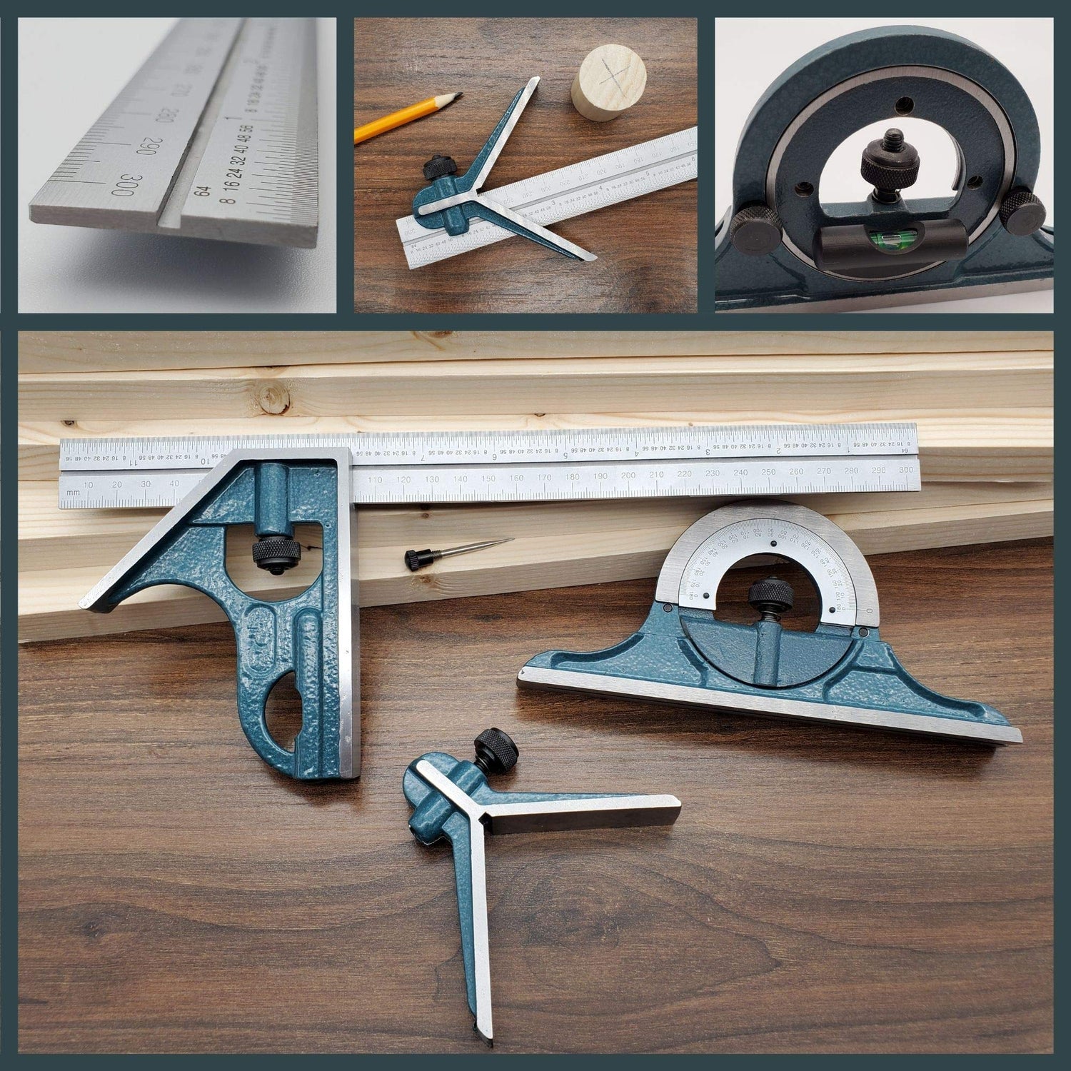 Combination Square Set with Protractor, Woodworking Square, Carpenter Square, 12’’ Bevel Ruler, 180 Degree Angle Finder, Ideal for Woodworking, The Chilcos