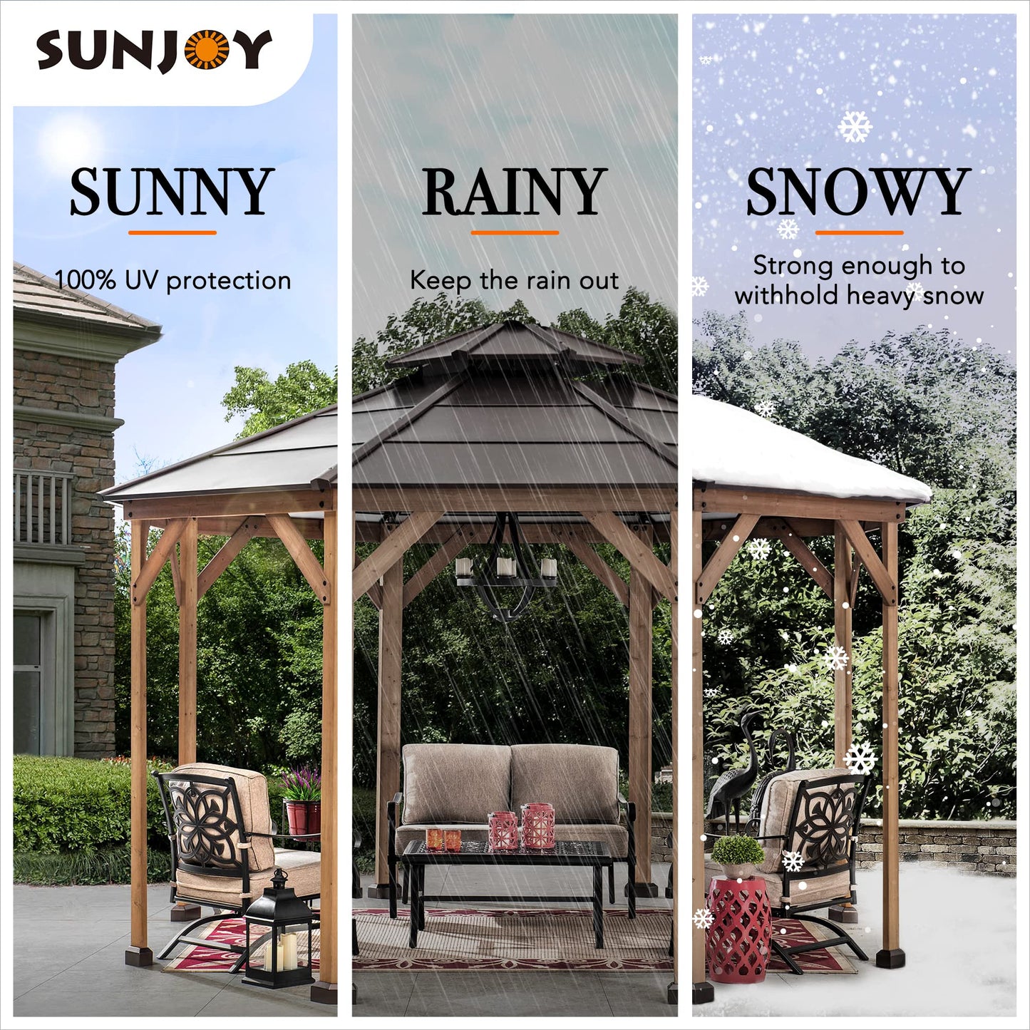 Sunjoy Ion Collection 13 x 13 ft. Cedar Framed Octagon Wood Gazebo with Brown Double Tiered Steel Hardtop Roof and Ceiling Hook for Garden, Backyard - WoodArtSupply