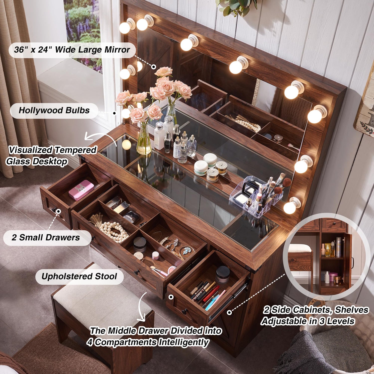 JXQTLINGMU Farmhouse Makeup Vanity Desk with Mirror and Lights, 43'' Glass Tabletop Vanity Table with 3 Drawers & Shelves, Rustic Large Vanity Set JXQTLINGMU