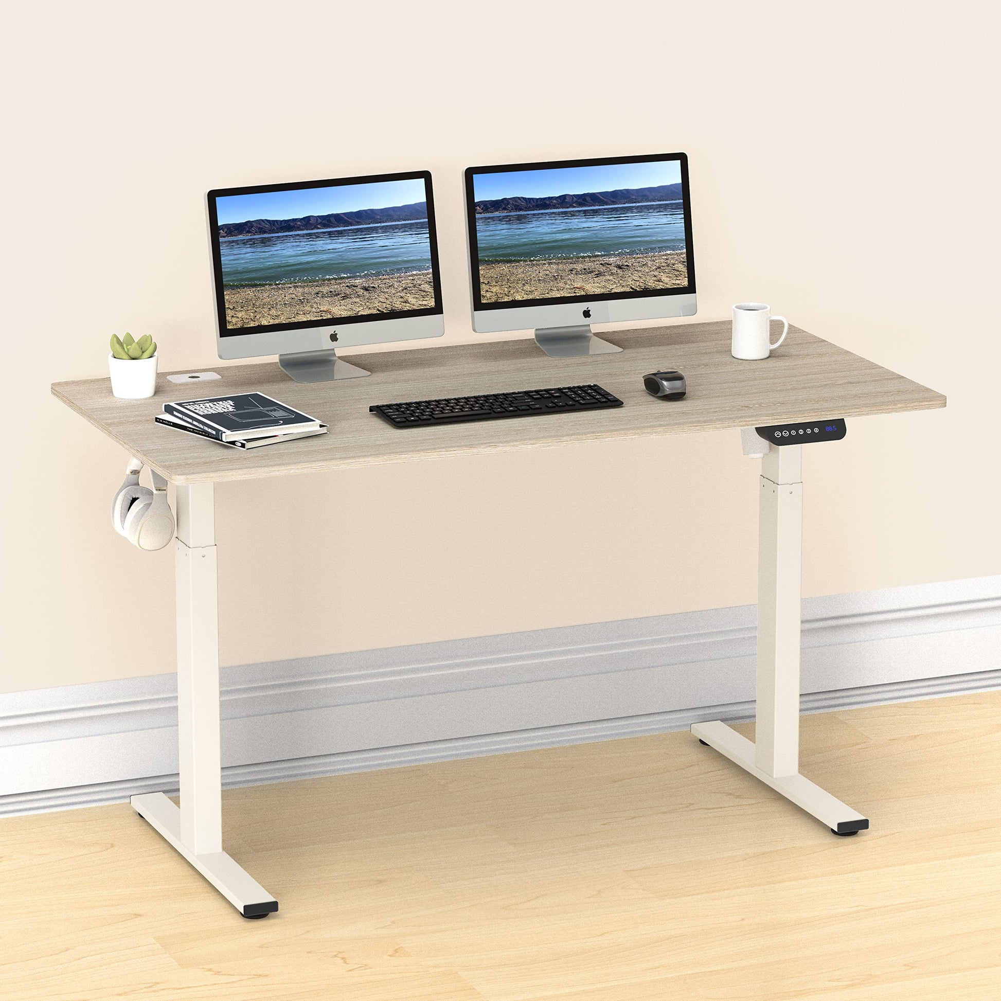 SHW 55-Inch Large Electric Height Adjustable Standing Desk, 55 x 28 Inches, Maple - WoodArtSupply