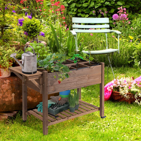 Outsunny Raised Garden Bed with 8 Grow Grids, Wooden Outdoor Plant Box Stand with Folding Side Table and Wheels, 49" x 21" x 34", for Vegetables, Outsunny