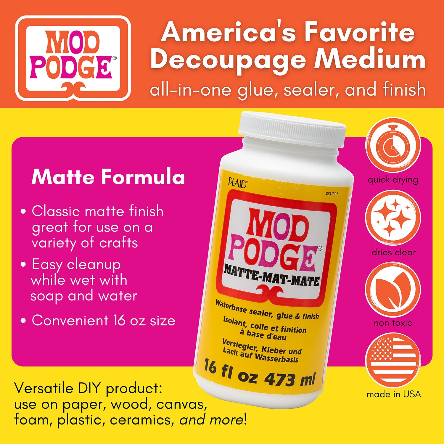 Mod Podge CS11302 Waterbase Sealer, Glue and Finish, 16 oz, Matte Mod Podge