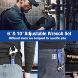 WORKPRO 2-piece Adjustable Wrench Set, 6-Inch & 10-Inch Wrenches, Wide Jaw Black Oxide Wrench, Metric & SAE Scales, Cr-V Steel, for Home, Garage, WORKPRO