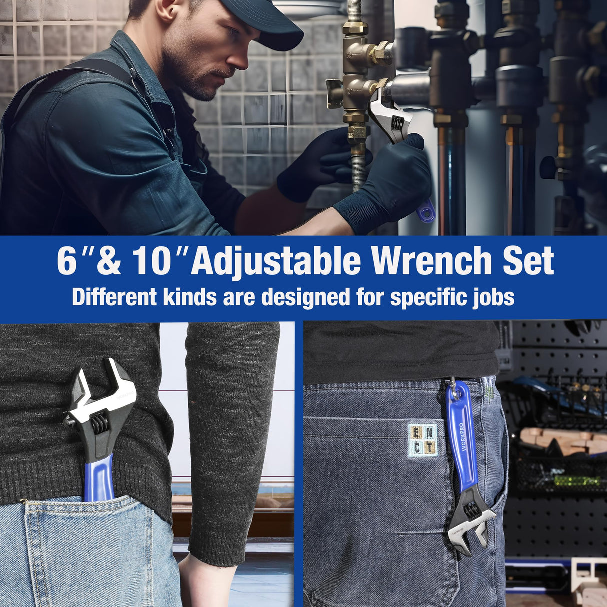 WORKPRO 2-piece Adjustable Wrench Set, 6-Inch & 10-Inch Wrenches, Wide Jaw Black Oxide Wrench, Metric & SAE Scales, Cr-V Steel, for Home, Garage, WORKPRO