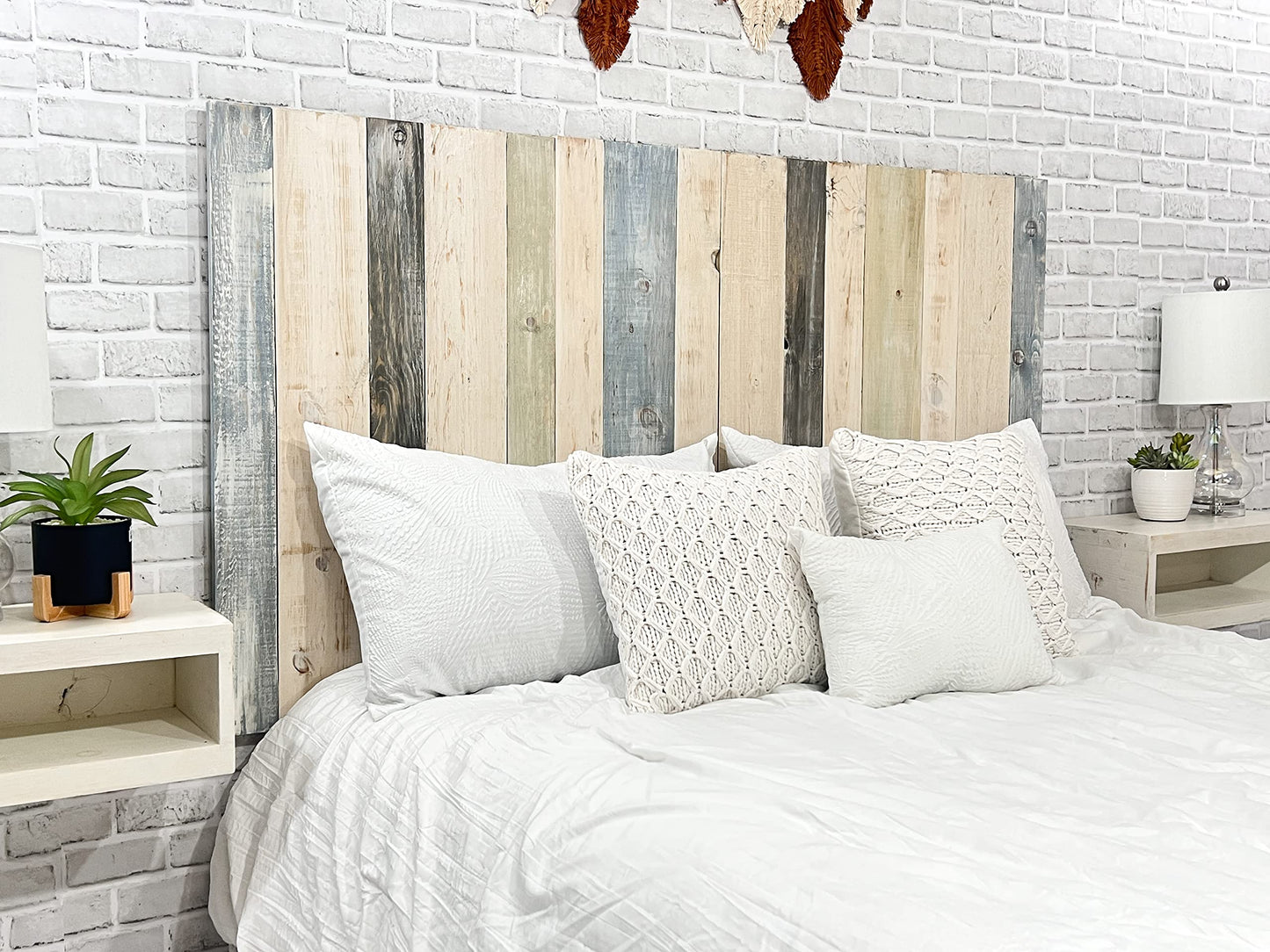 Farmhouse Mix Solid Wood Queen Headboard - Handcrafted Floating Wall Mount, Adjustable Height - WoodArtSupply