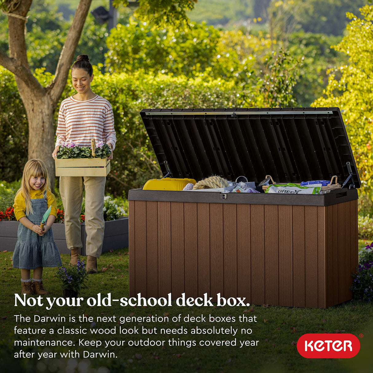 Keter Darwin 150 Gallon Resin Large Deck Box - Organization and Storage for Patio Furniture, Outdoor Cushions, Garden Tools and Pool Toys, Brown & Keter