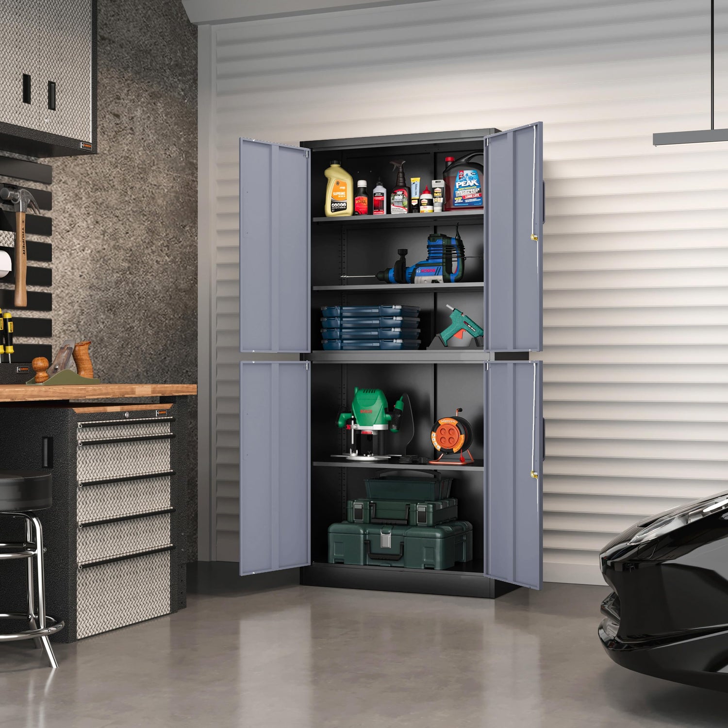 MIIIKO Metal Garage Storage Cabinet with 4 Doors, Locking Steel Locker Cabinet with Doors and Shelves, for Home, Garage, Pantry, Office and Workshop MIIIKO