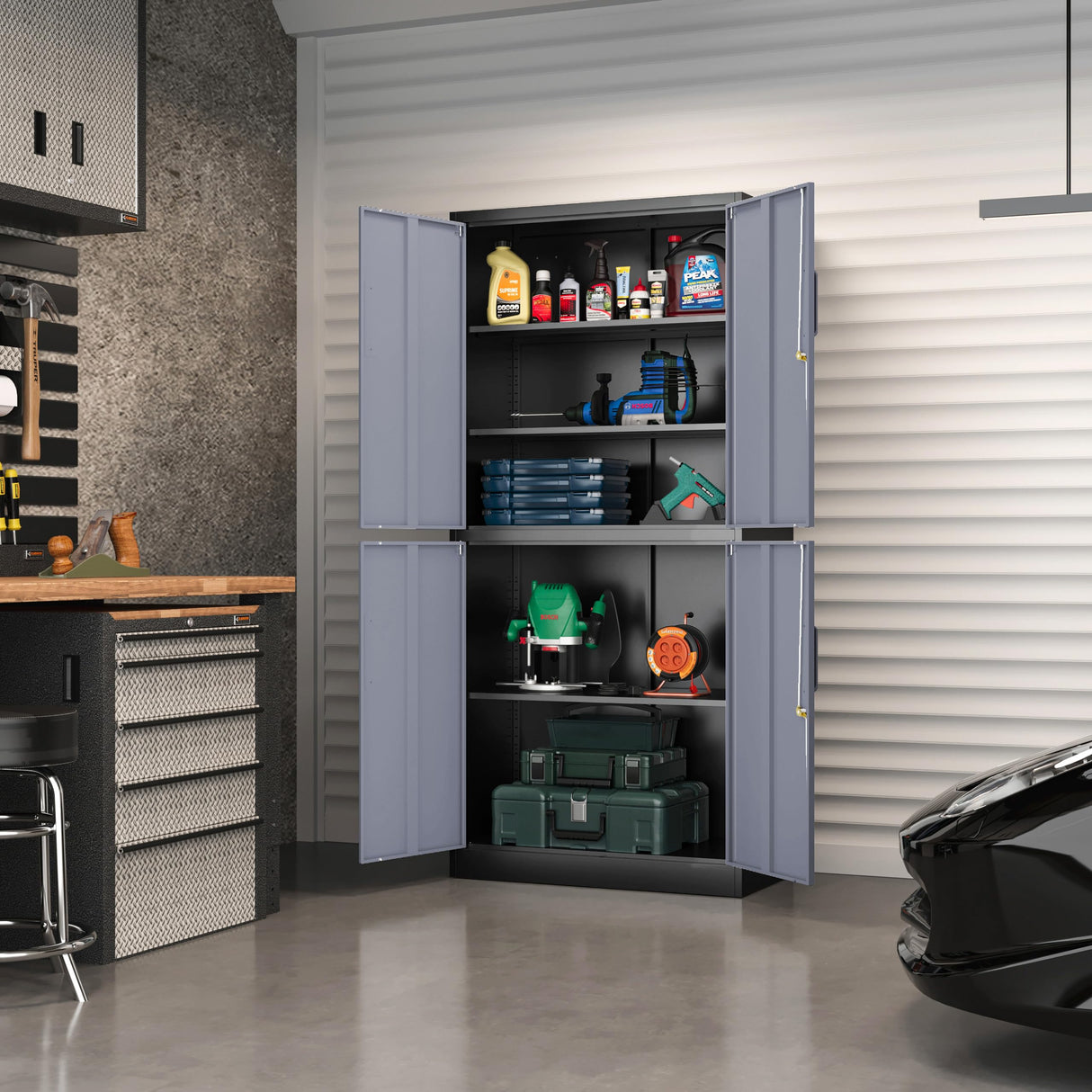 MIIIKO Metal Garage Storage Cabinet with 4 Doors, Locking Steel Locker Cabinet with Doors and Shelves, for Home, Garage, Pantry, Office and Workshop MIIIKO