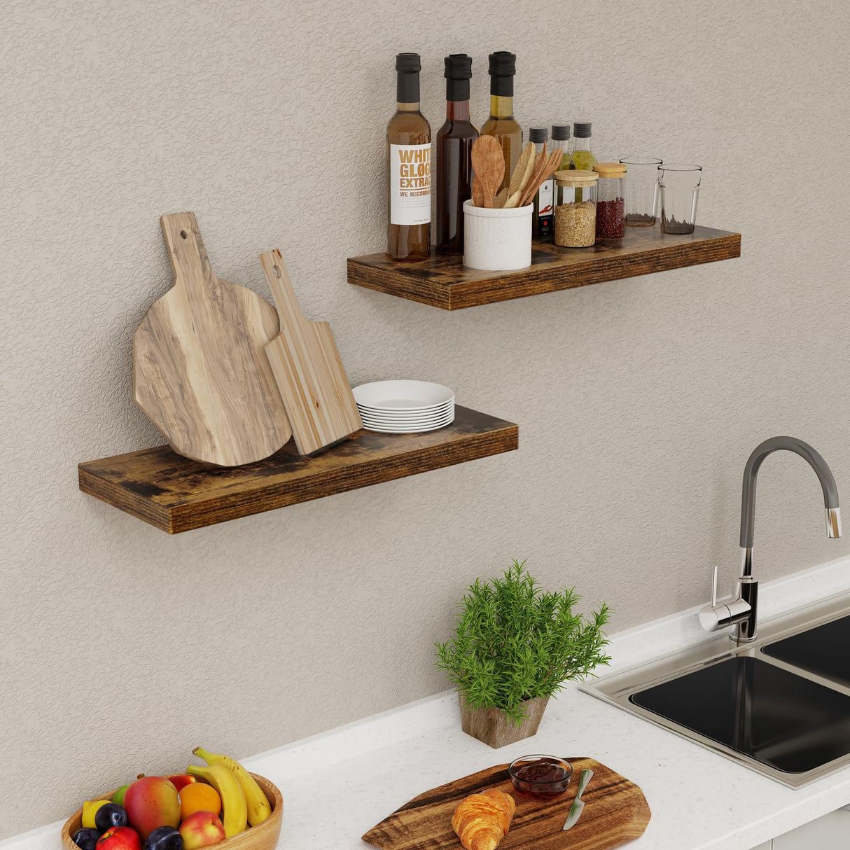 Floating Shelves for Wall, Large Floating Shelf 24" x 9", Rustic Brown Wooden Wall Shelves for Home Decor & Storage, Hanging Bathroom Shelves, Fun Memories