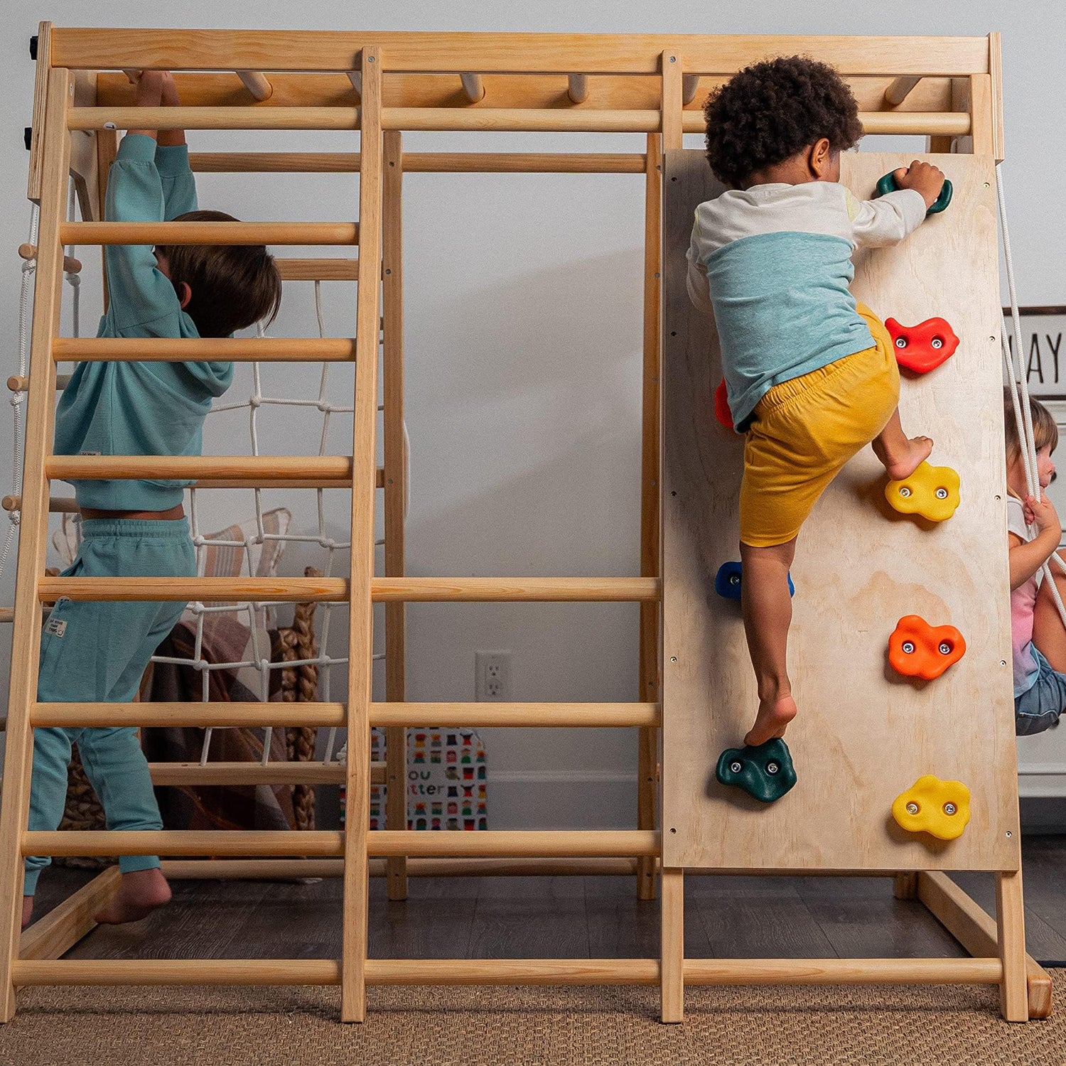 Avenlur Magnolia Indoor Playground 6-in-1 Jungle Gym Montessori Waldorf Style Wooden Climber Playset Slide, Rock Climbing Wall, Rope Wall Climber, Avenlur