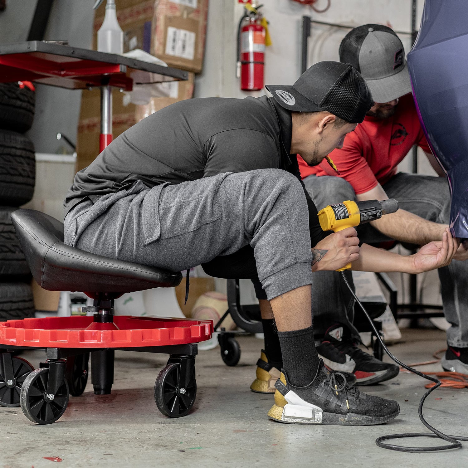 Traxion 2-230 Monster Rolling Padded Mechanic Stool Seat Garage Shop Roller Work Chair with Wheels and Tool Tray, Heavy-Duty 400-lb Capacity, Traxion