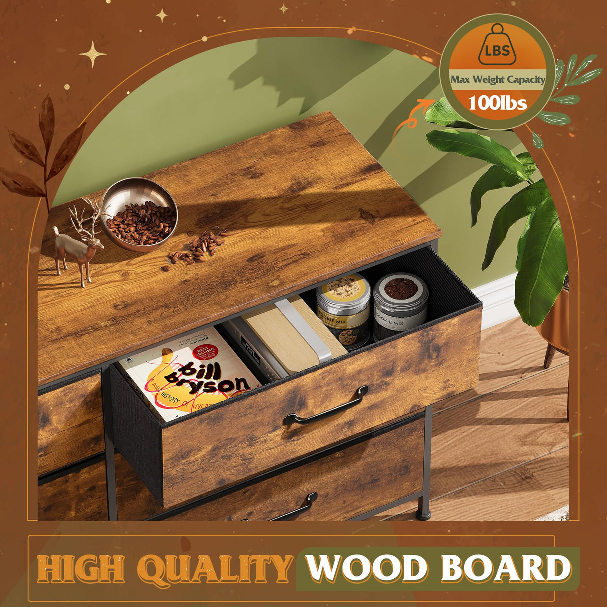 WLIVE Wide Fabric Dresser, 6 Drawer Dresser TV Stand for 60" TV, Dressers Bedroom Furniture Large Storage Tower Unit with Fabric Bins, Dresser for WLIVE