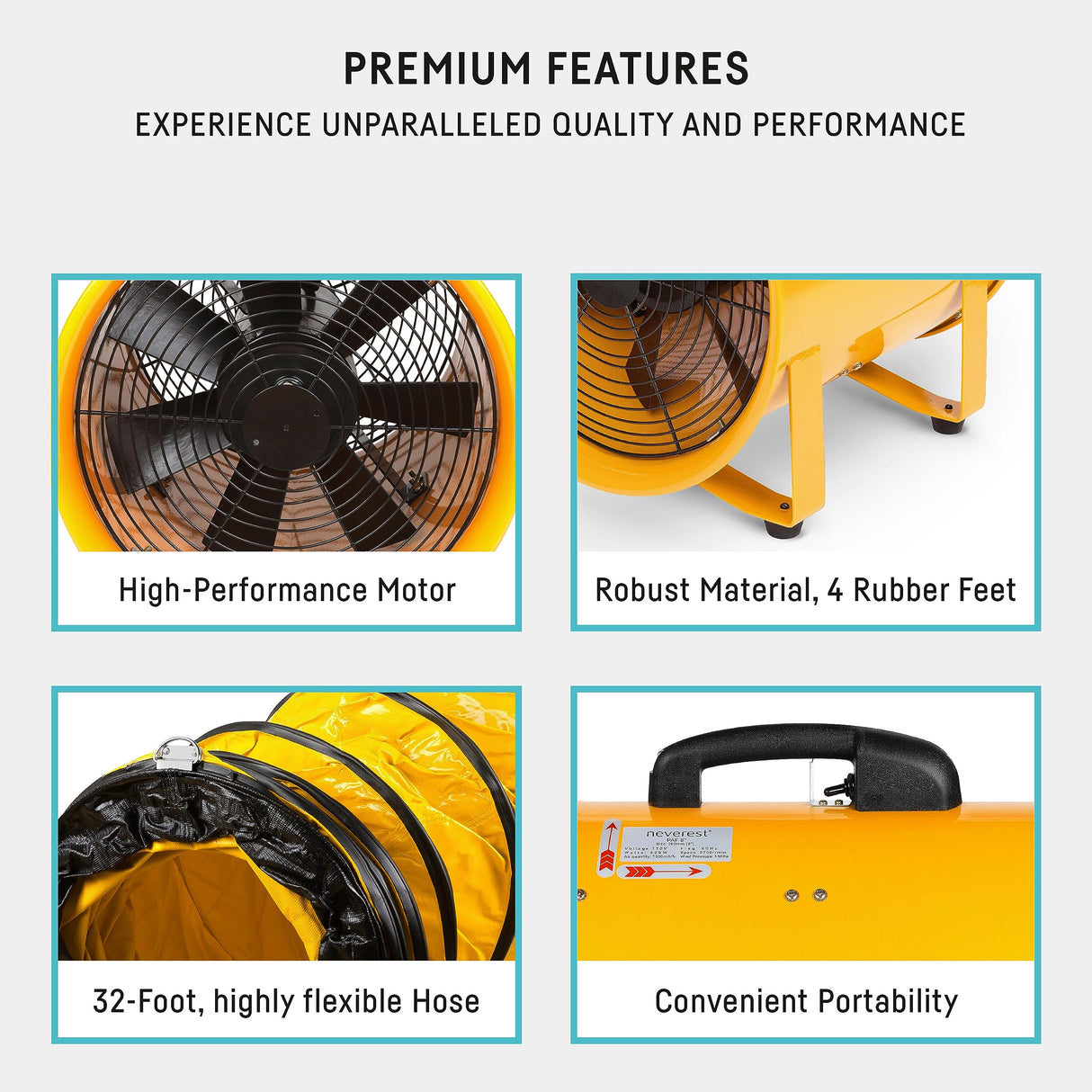 neverest Portable Blower Exhaust Fan 12 inch Strong Shop Ventilation Fan 4100 CFM 3050 RPM, 380 W, Construction Fan With Hose, Industrial Air Blower neverest
