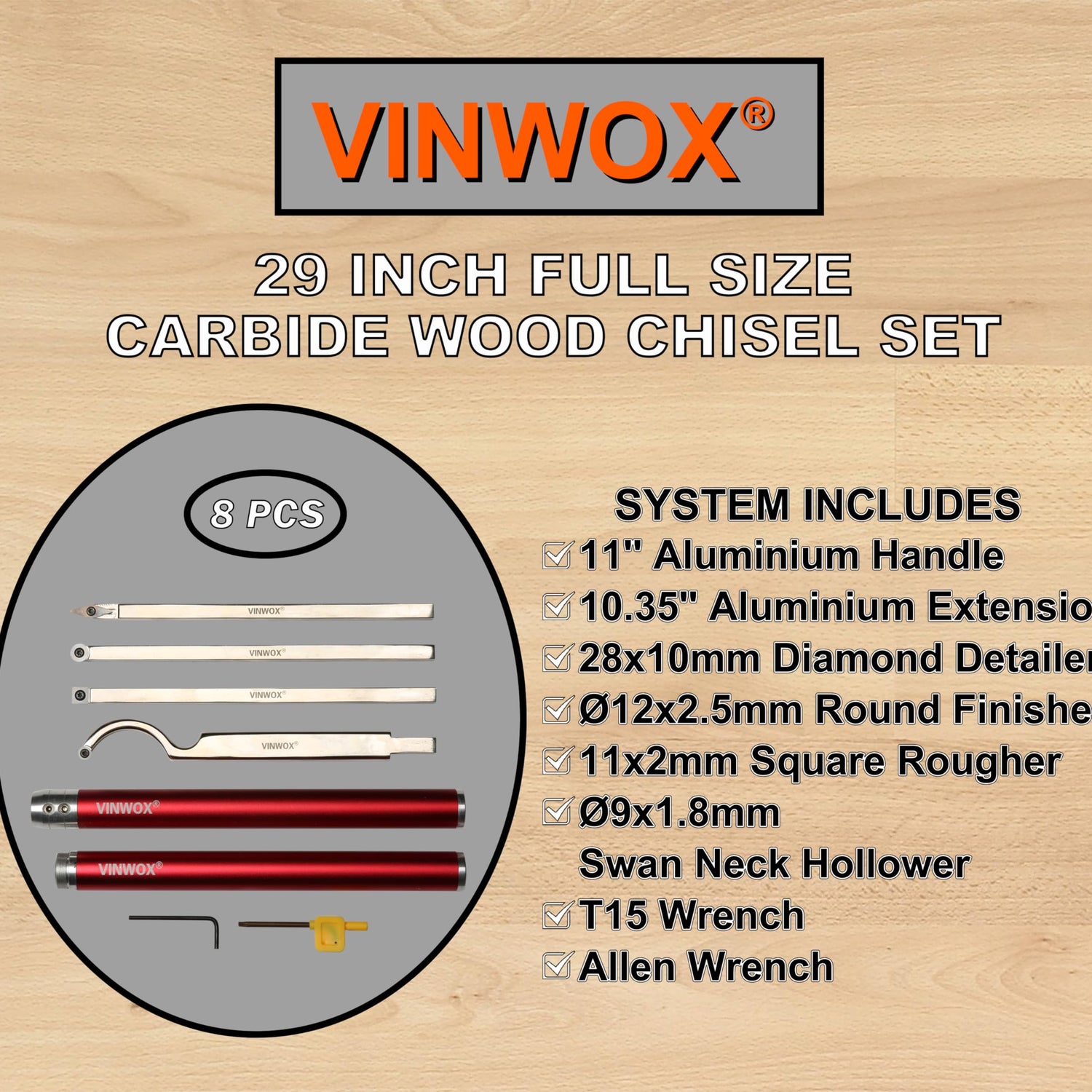 VINWOX 8 PCS Carbide Wood Lathe Turning Tool Set, Carbide Lathe Turning Tool, Including Swan Neck Hollower, Rougher, Finisher, Detailer, Pen Turning VINWOX