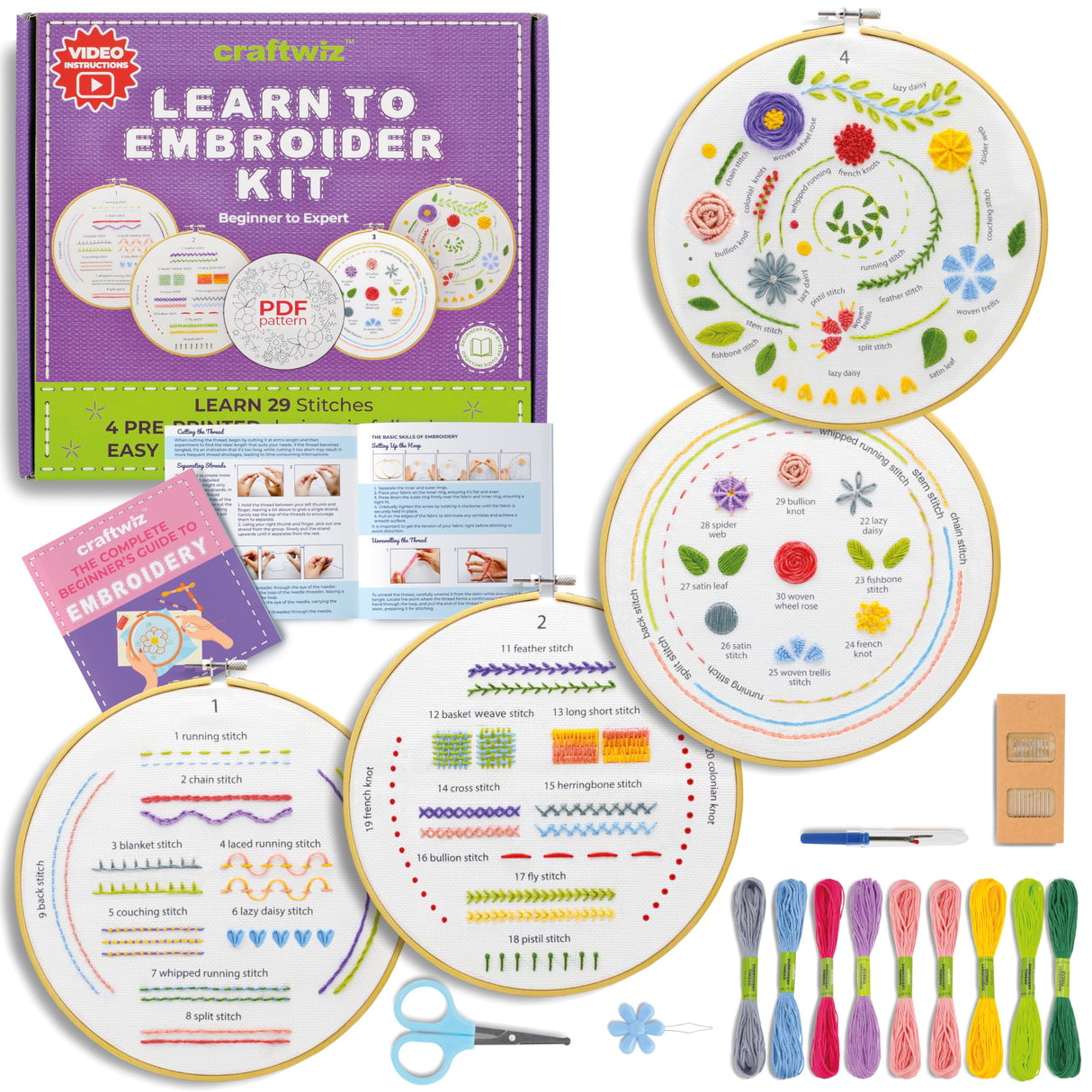Craftwiz 4 Set Embroidery Starter Kit, Embroidery Kit for Beginners Adults and Kids with Patterns, Beginner Embroidery Kit for Adults, Hand Craftwiz